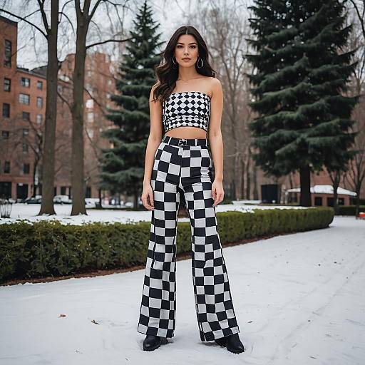 Woman in Checkerboard Outfit in Snowy Urban Park
