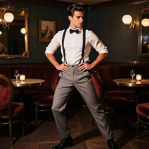 Photograph of a handsome man in a white shirt, black bow tie, suspenders, and gray pants, standing confidently in a dimly lit,