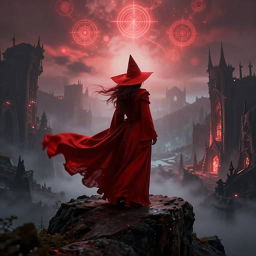 Red Witch Overlooking Enchanted Dungeon