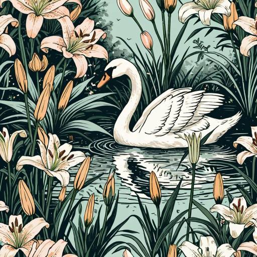 Vintage Swan Among Lilies Garden