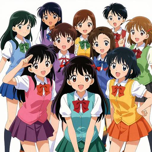 Anime-style digital drawing of a group of cheerful schoolgirls in colorful uniforms, featuring different hair colors and bowties, standing closely together against a white background