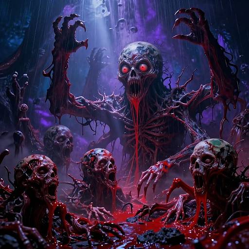 Digital artwork of a dark, eerie forest at night, featuring a central, glowing-eyed, skeletal zombie with bloodied, claw-like arms and multiple zombie