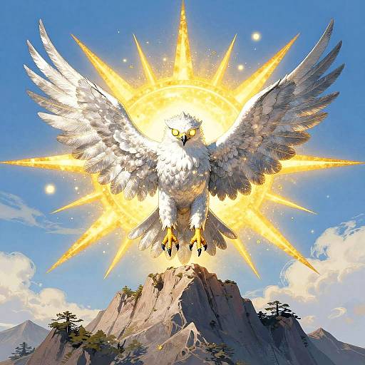 Digital artwork of a radiant white eagle with glowing yellow sunburst wings soaring over a rocky mountain peak under a clear blue sky.
