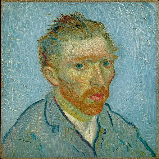 Vincent van Gogh's self-portrait painting in Pointillism style, featuring a fair-skinned man with red hair and beard, blue eyes