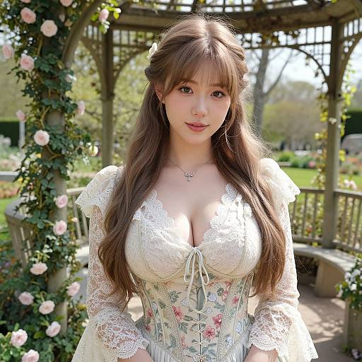 Photograph of a fair-skinned, East Asian woman with long brown hair, wearing a white lace corset dress with floral patterns, standing in a