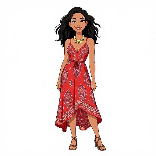 Digital illustration of a smiling woman with long black hair, wearing a red, patterned, sleeveless dress, yellow necklace, and brown sandals. White