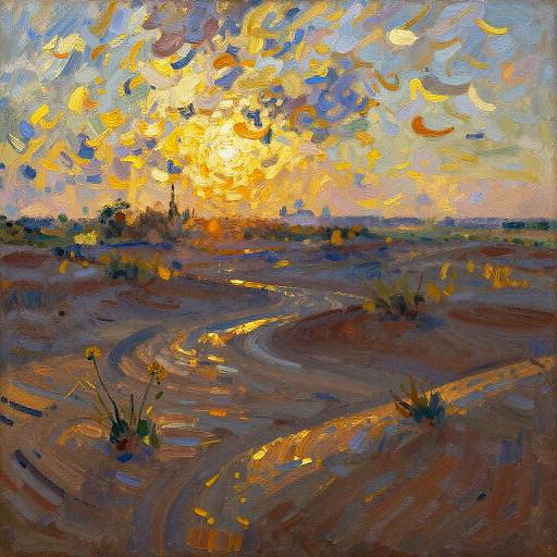 Impressionist-style oil painting of a vibrant sunset over a winding, reflective river with scattered foliage, using bold, expressive brushstrokes in warm,