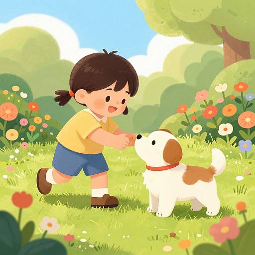 Joyful Child and Dog Garden Play