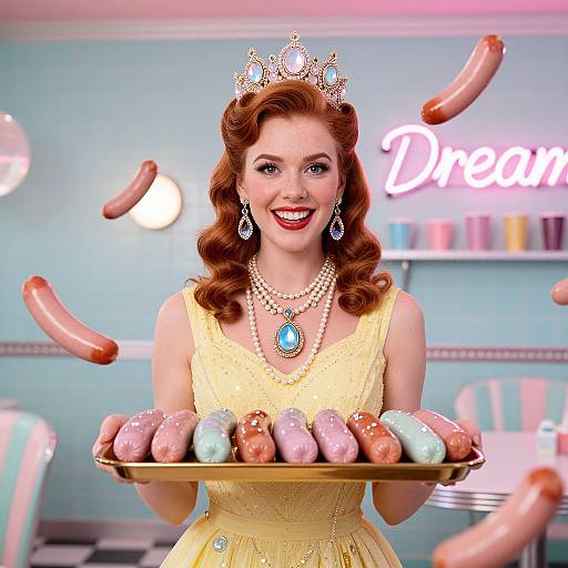 Photograph of a smiling red-haired woman in a yellow dress and tiara, holding a tray of glazed donuts, with floating sausages in