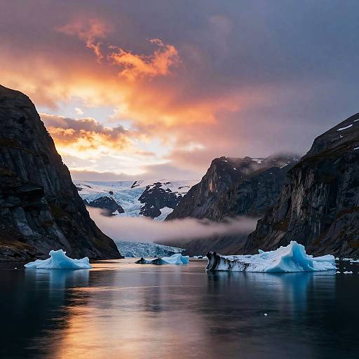 Glacial Fjord at Sunset with Icebergs