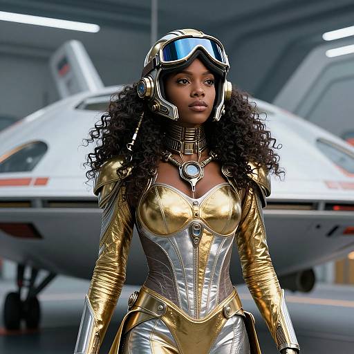 Photorealistic CGI of a Black woman with curly hair, wearing a gold and silver futuristic suit, and aviator goggles, standing in front of a