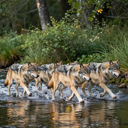 Photograph of four coyotes with a mix of brown, black, and white fur, walking through a shallow, reflective forest creek, splashing water