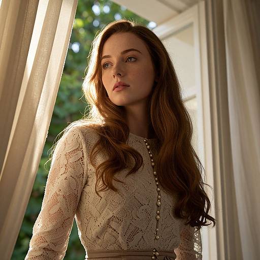Photograph of a beautiful woman with long brown hair, wearing a lace white blouse, standing in a sunlit window, with lush greenery visible outside
