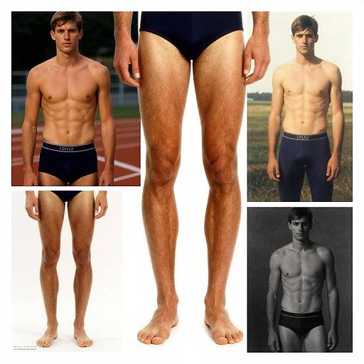 Photograph collage: six images of a slim, athletic, young white male with short brown hair, wearing black briefs, showcasing various poses and angles