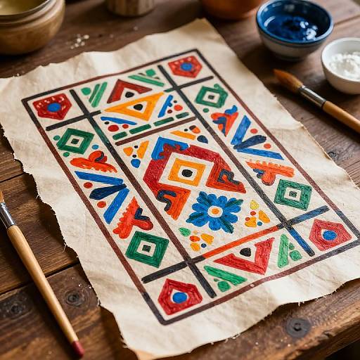 Vibrant, hand-painted textile on brown paper with geometric and floral patterns in red, blue, green, and orange. Paintbrushes and