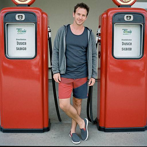 Photograph of a smiling, fair-skinned man with short dark hair, wearing a black shirt, red shorts, gray cardigan, and black sneakers