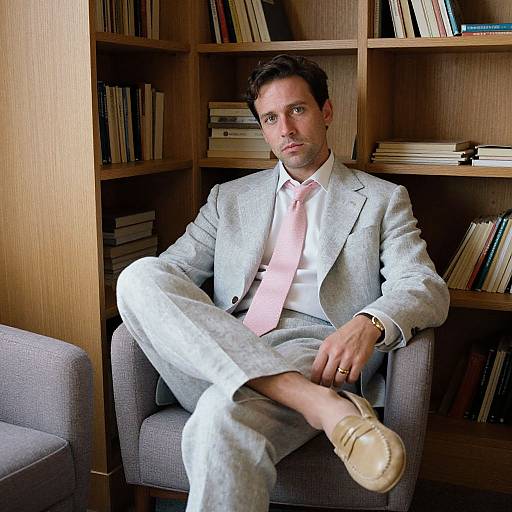 Photograph of a handsome, light-skinned man with short brown hair, wearing a light gray suit, pink tie, and beige loafers, sitting