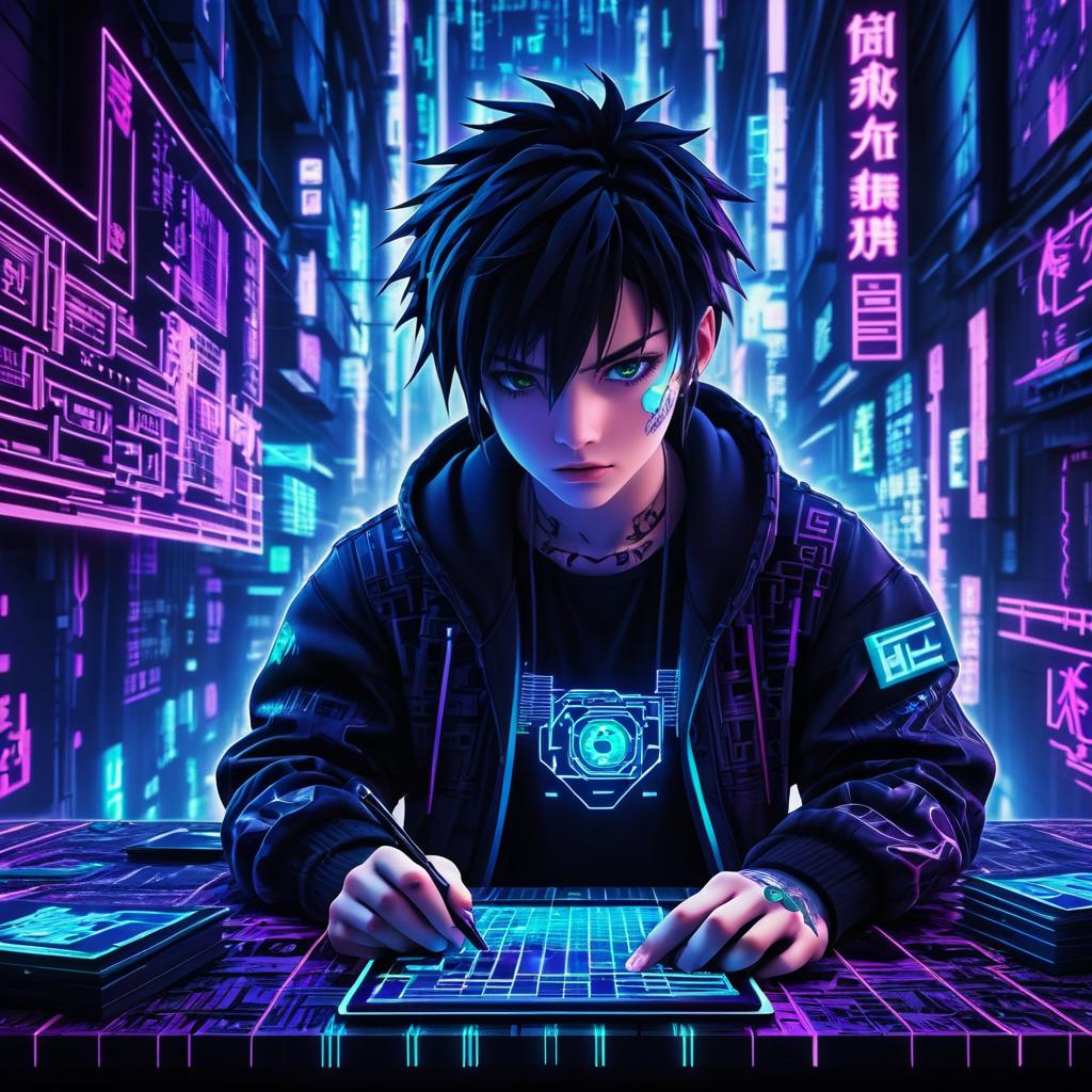 Cyberpunk Teen Hacker in Neon Alley