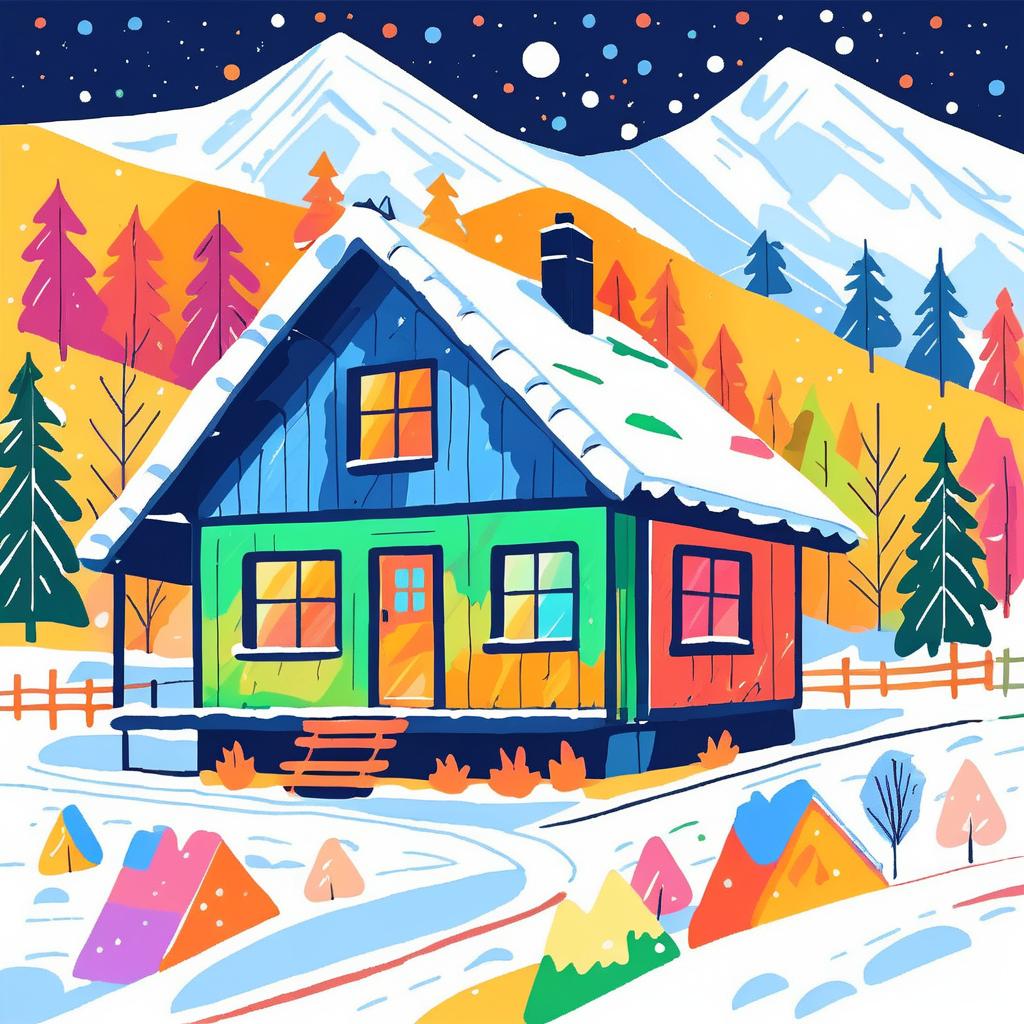 Colorful Crayon Drawing of a Cozy Cabin