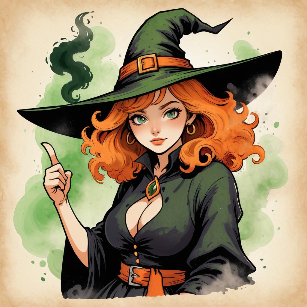 Surprised Witch in Old Ink Illustration