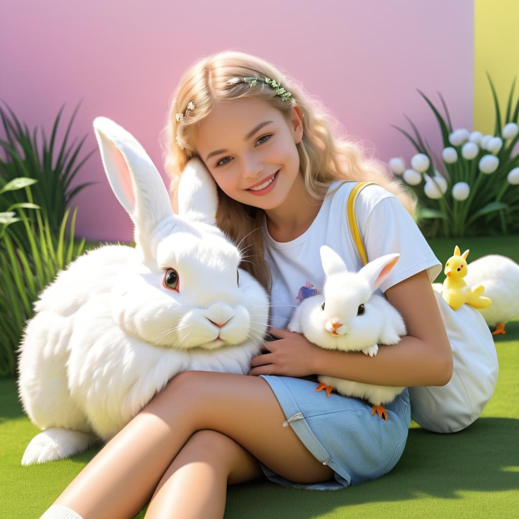 Joyful Girl Embracing a White Rabbit