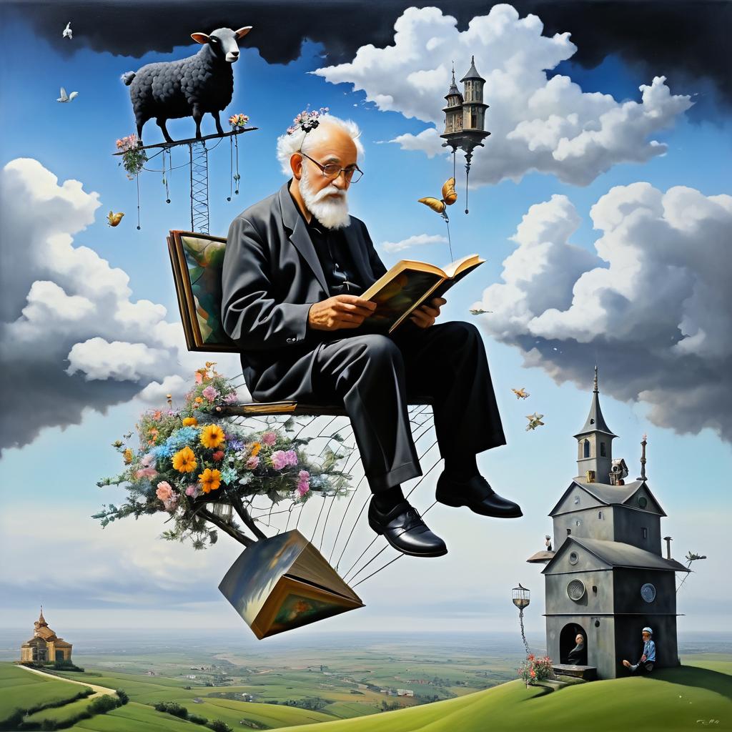 Surreal Elderly Man Reading in the Air