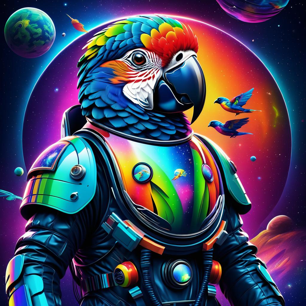 Cosmic Parrot in Vibrant Spacesuit Illustration