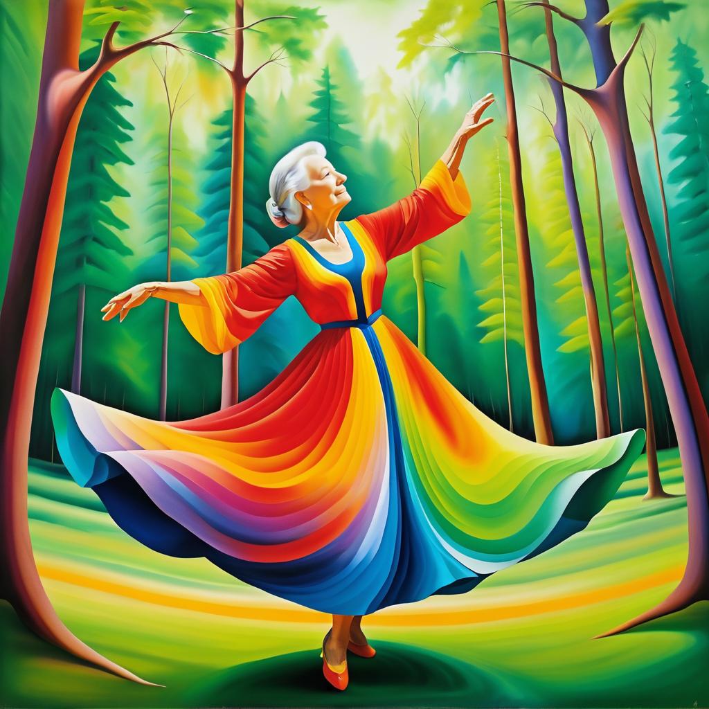 Elderly Woman Dancing in Vibrant Forest