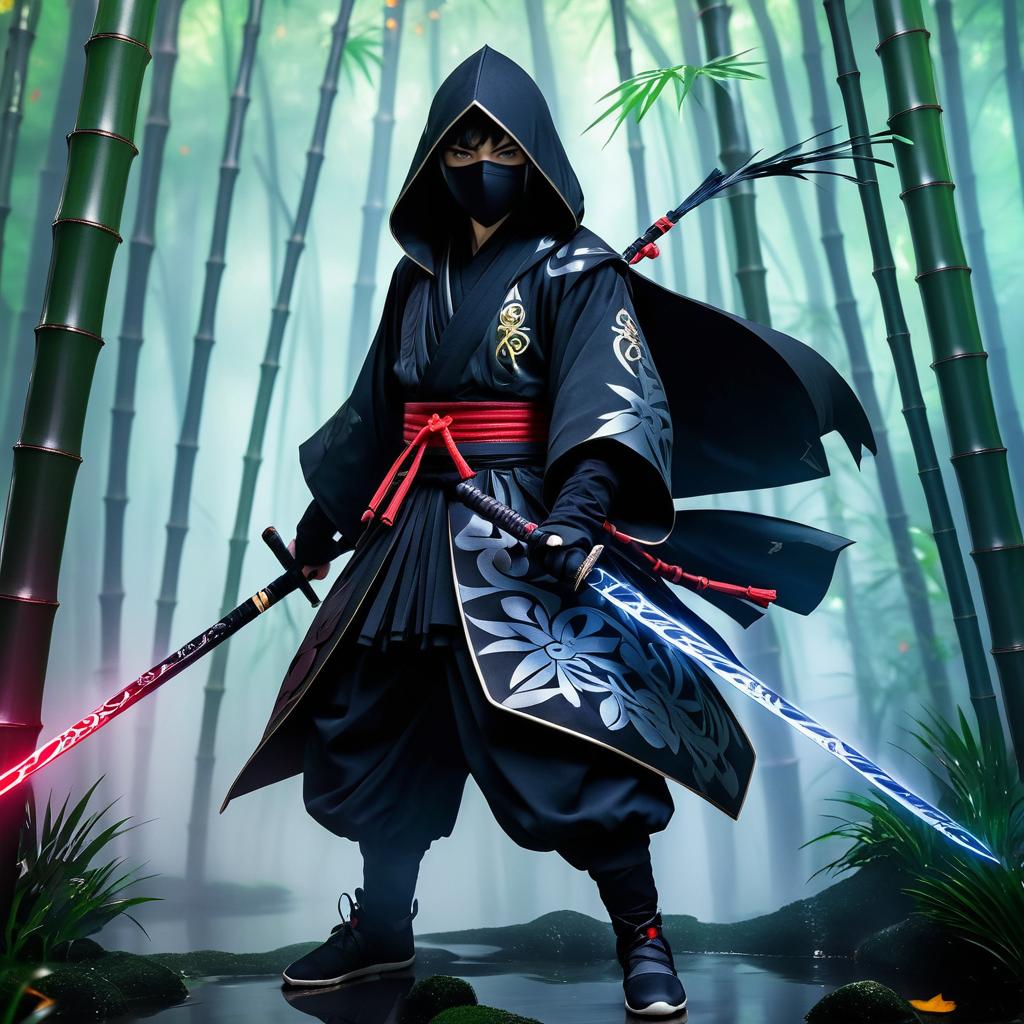 Ninja in Misty Bamboo Forest