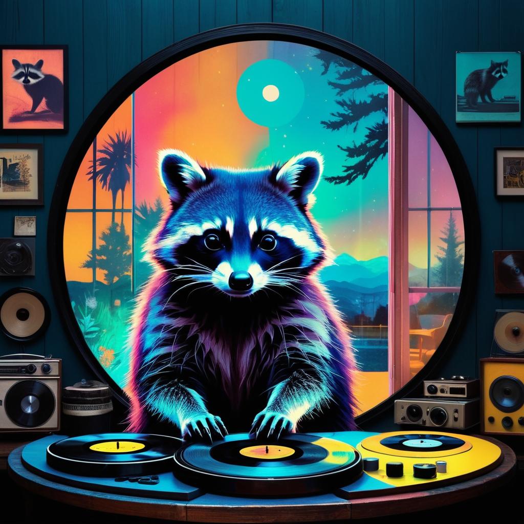 Double Exposure Raccoon in Retro Shop