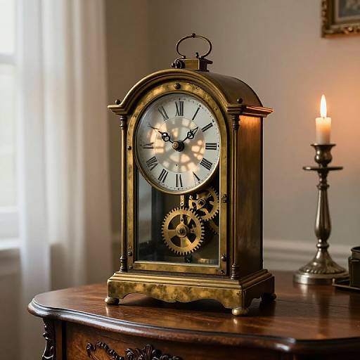 Antique brass clock with visible gears on wooden table, lit candle to the right, soft natural light from window.
