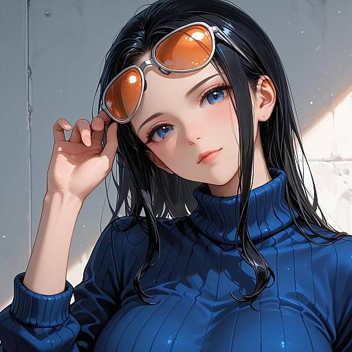 Animated Woman in Blue Turtleneck Sweater and Sunglasses