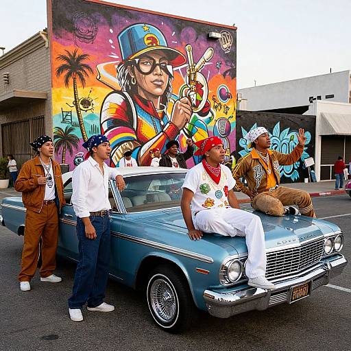 Vibrant street parade photograph: Five men in colorful costumes and hats, one playing trumpet, sit in a blue vintage car in front of a colorful