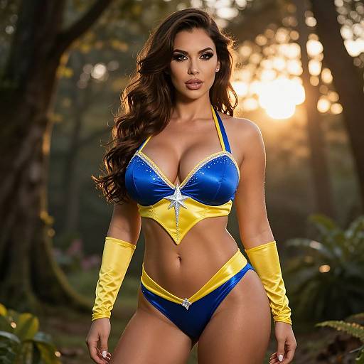Photograph of a curvy woman with long brown hair in a blue and yellow bikini, yellow arm cuffs, standing in a sunlit forest. Her