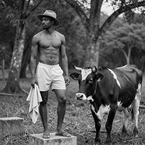 Striking Male Figure with Cow in Nature