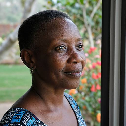 Photograph of a smiling African woman with dark skin, short hair, wearing a blue patterned top, standing by a window with a blurred garden background