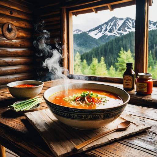 Steaming Bowl of Soup in Mountain Cabin