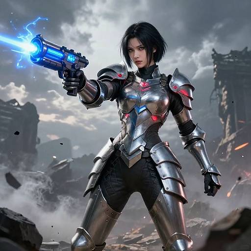 Digital art of a fierce, armored woman with black hair, firing a glowing blue gun in a ruined, cloudy sky battlefield.