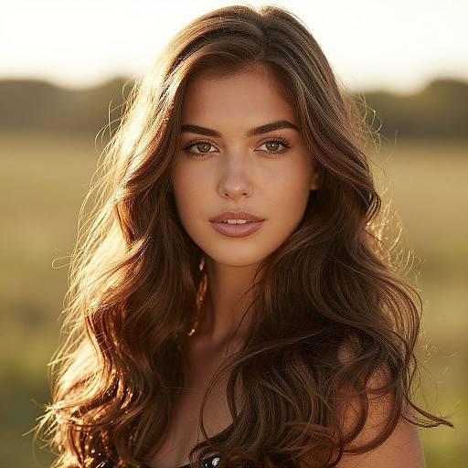 Photograph of a young woman with long, wavy brown hair, glowing brown eyes, and light skin, standing outdoors in sunlight.