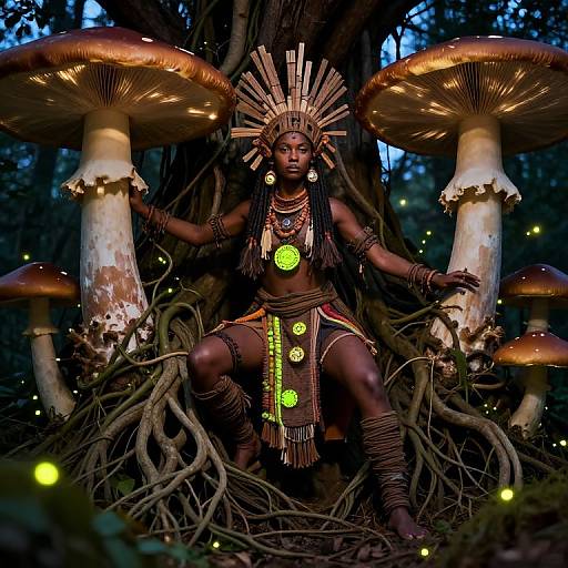 Photograph of a dark-skinned African woman with elaborate headdress, adorned in tribal jewelry and loincloth, sitting between giant mushrooms in a forest
