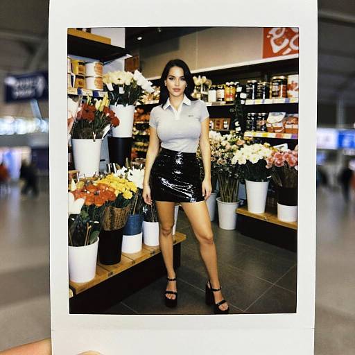 Photograph of a confident woman with dark hair, wearing a white blouse and shiny black mini-skirt, standing in a brightly lit flower shop, surrounded