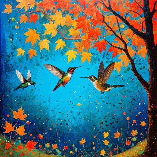 Vibrant Hummingbirds and Maple Tree Vibrant Hummingbirds and Maple Tree