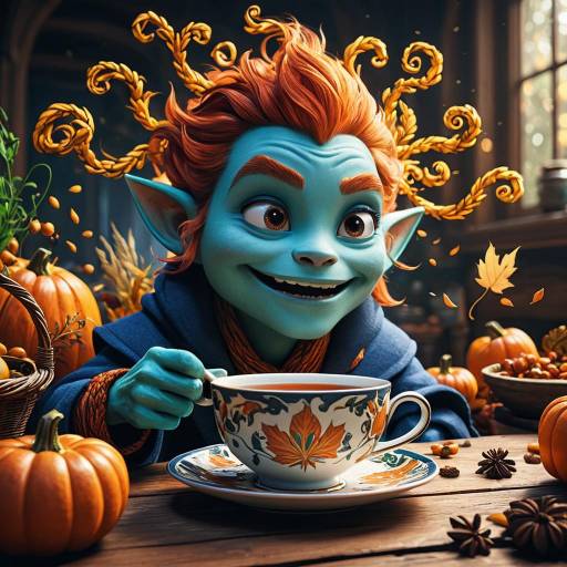 Whimsical Tea Spirit Enjoying Autumn Tea