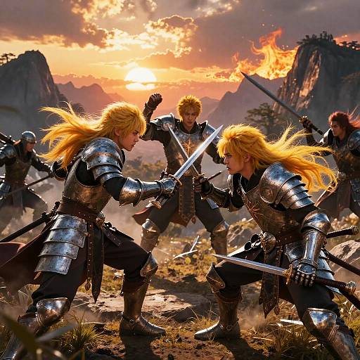Photorealistic digital art of two blonde warriors in silver armor clashing swords at sunset, surrounded by fellow warriors and rugged mountains.
