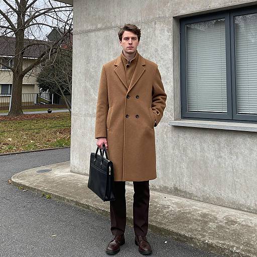 Man in Brown Overcoat Holding Briefcase Outdoors