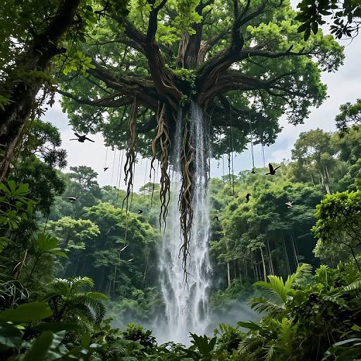 Photograph of a lush, dense jungle featuring a towering tree with a cascading waterfall flowing down its trunk, surrounded by vibrant green foliage.