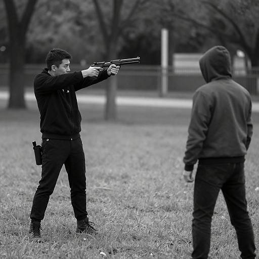 Man Aiming Gun at Another in Park