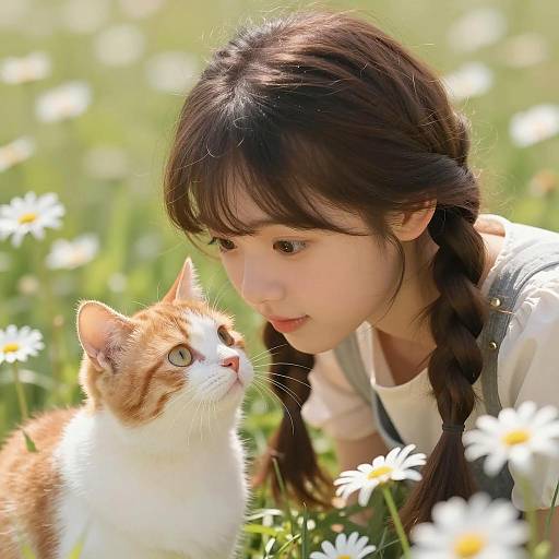 Gentle Girl and Cat in Sunlit Meadow