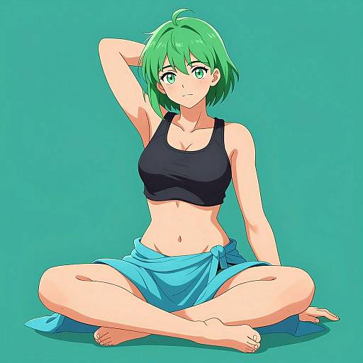 Digital anime-style illustration of a green-haired woman with large eyes, sitting cross-legged on teal background. She wears a black sports bra and blue towel wrapped