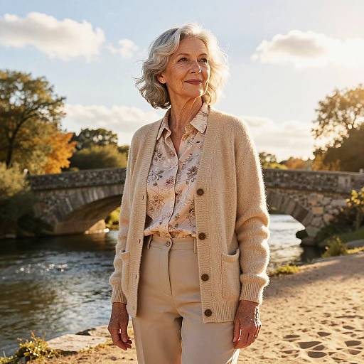 Elderly woman with short gray hair, wearing a beige cardigan, floral blouse, and beige pants, stands by a sunlit river with a